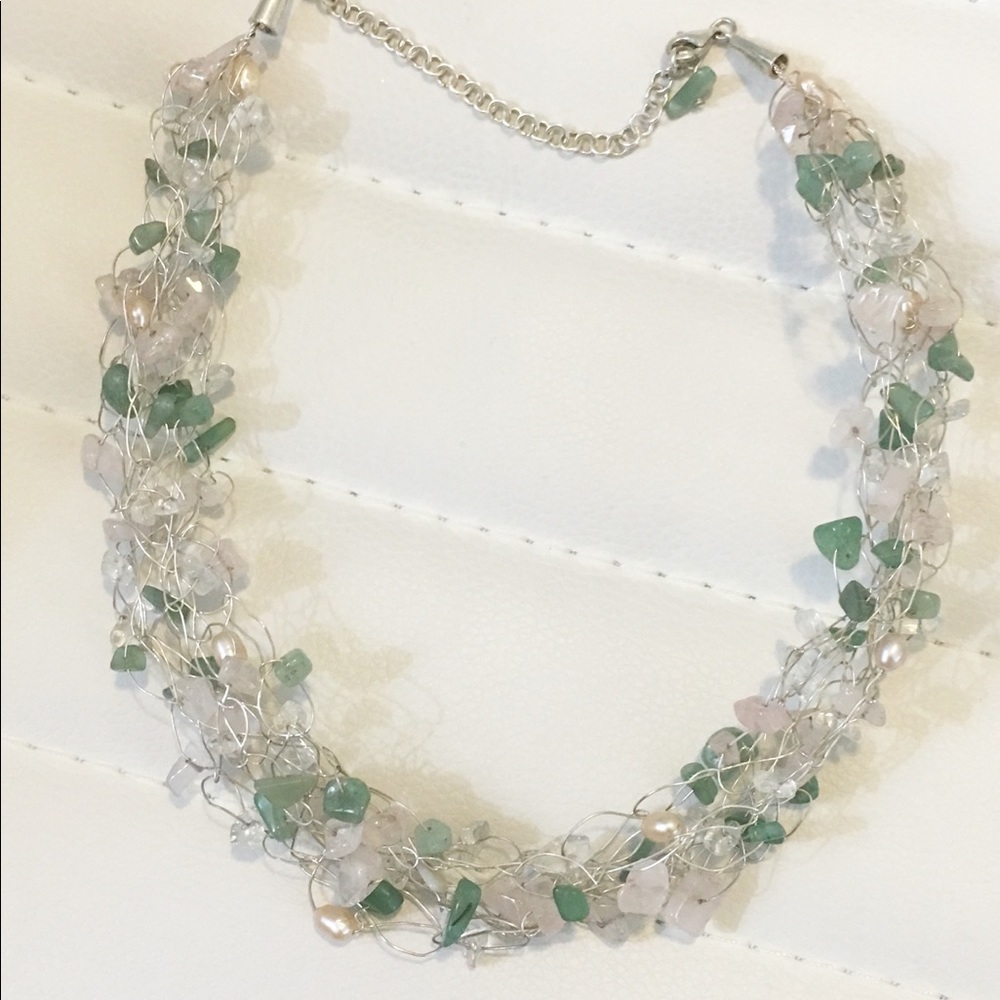 NWOT Rose Quartz Sterling Silver Wire Wrap Pearl Necklace